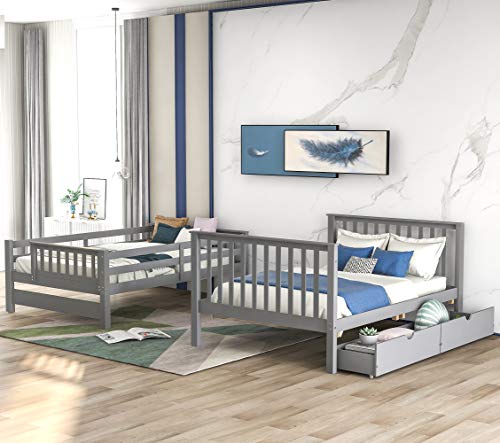 Meritline Full Over Full Bunk Bed With Stairs And 6 Storage Drawers, Wooden Bunk Bed With Storage Drawers, For Kids Teens Adults (Gray) #TOP2
