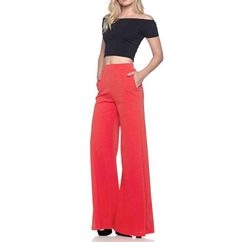 XUETON Womens High Waisted Palazzo Wide Leg Pants Casual Comfy Solid Color Fashion Lounge Pant Red 3X-Large