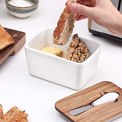 Dowan Porcelain Butter Dish With Knife - Covered Butter Container With Wooden Covers For Countertop, Farmhouse Butter Dish With Lid Perfect For East West Coast Butter, White #TOP5
