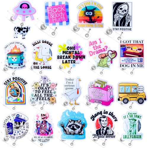 20PC Funny Badge Reels Bulk Pack Set Name ID Clip Holder Fun Cool Cute Meme Decor Dark Humor Sarcastic Skeleton Nurse Teacher Healthcare Medical Assistant Work Office Week Gifts Bulk Accessories