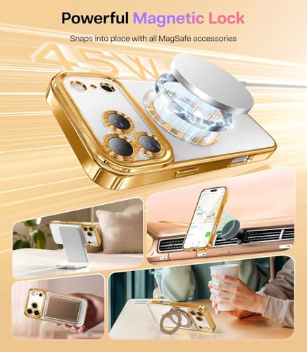 Image of Magnetic Glossy Case for iPhone 17 Pro,iPhone 17Pro Phone Case Slim Clear Luxury with Screen Protector & Camera Protector [Compatible with MagSafe], Shockproof Cover for iPhone Pro 17-Gold