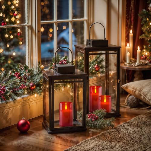 Image of Homemory Red Glass Flameless Candles, Battery Operated LED Pillar Candles with Remote Control and Timer, Radiance Candles, Real Wax, Set of 3,D3 xH4 5 inch 6 inch
