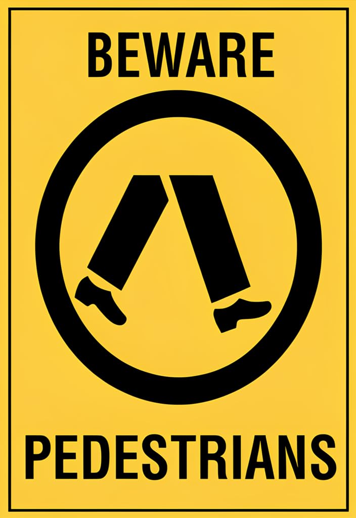 peiyeety Beware Pedestrians Tin Sign 12x8 Inch Metal Wall Decor, Yellow & Black Warning Sign Style Plaque for Garage, Workshop, Man Cave, Home Bar, Office, Funny Gift