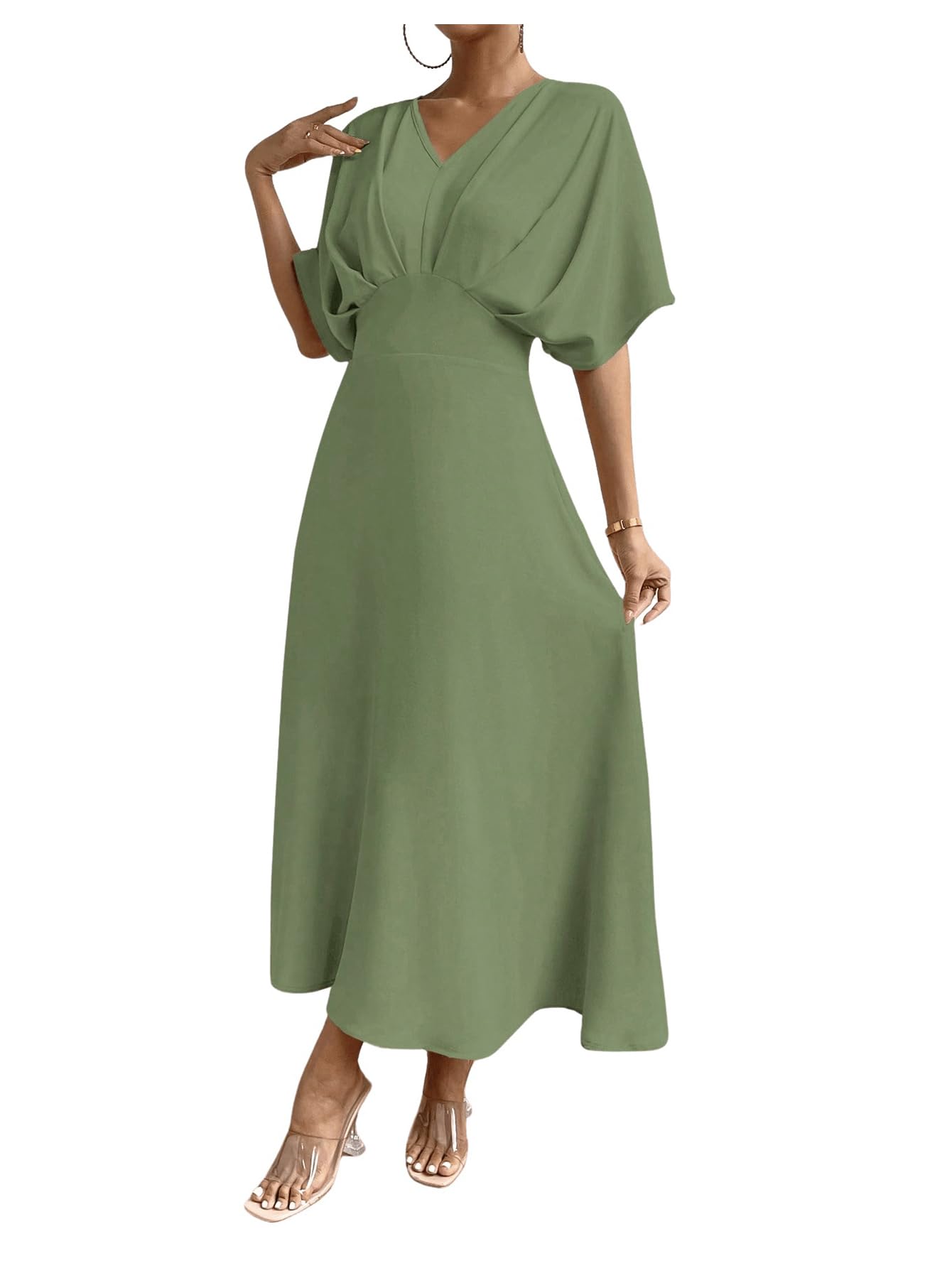 Floerns Women's V Neck Half Sleeve Ruched Cocktail Evening A Line Long Dress