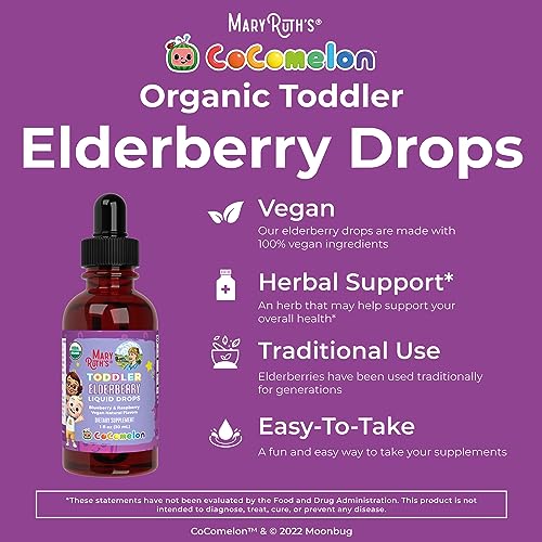 MaryRuth Organics Cocomelon Toddler Elderberry Syrup, USDA Organic Elderberry, Sugar Free Kids Immune Support Supplement for Ages 1-3 Years, Clean Label Project Verified®, Vegan, Gluten Free, 1 Fl Oz