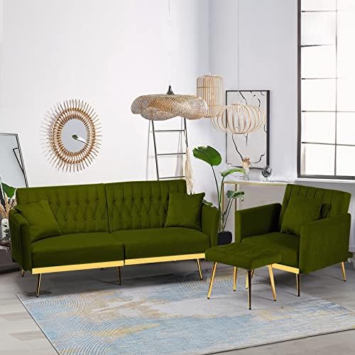 ACMEASE 2 Pieces Velvet Sofa Set with Adjustable Armrest and Backrest, 70” Convertible Futon Sofa Bed & Mordern Accent Chair with Ottoman for Living Room, Bedroom, Olive Green