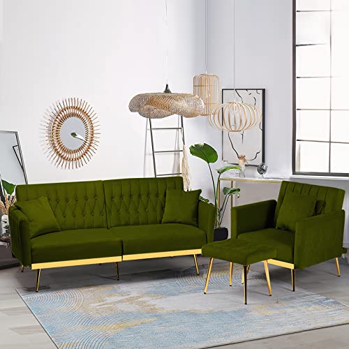 Acmease 2 Pieces Velvet Sofa Set With Adjustable Armrest And Backrest, 70” Convertible Futon Sofa Bed & Mordern Accent Chair With Ottoman For Living Room, Bedroom, Olive Green #TOP20