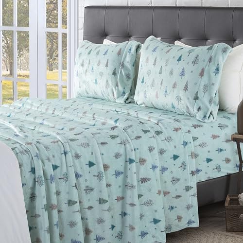 Elegant Comfort Luxuriously Soft 4-Piece Holiday Velvet Plush Flannel Sheet Set - Premium Quality - Cozy Warm, Christmas Fuzzy Velvet Flannel Fleece Deep Pocket Sheet Set - Twin, Mint Pine Trees