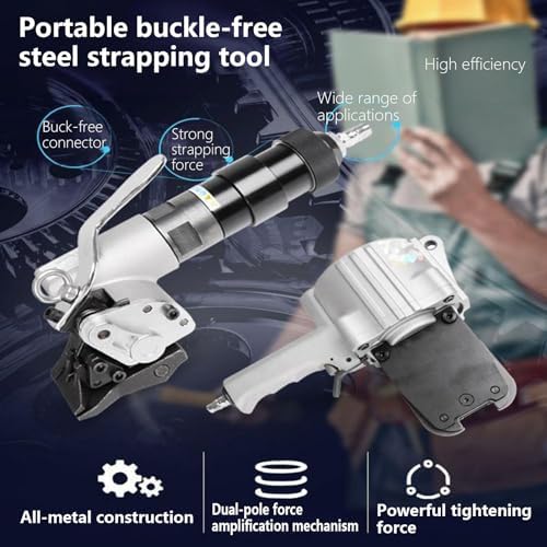 High Tensile Pneumatic Steel Strapping Machine - Portable Heavy Duty Packaging Tensioner & Cutter Sealer for 1.25" (32mm) Straps - Ideal for Baling and Securing Packages