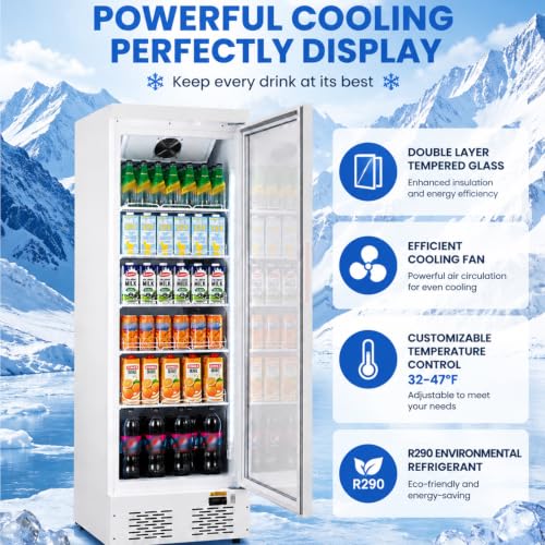 Image of Commercial Beverage Refrigerator with Glass Door, 11 Cu.Ft Upright Display Fridge Commercial Cooler, Merchandiser Drink Refrigerator with Soft LED Light, Romovable Shelves for Restaurant Stores