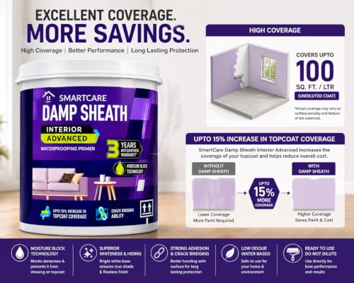 Image of Asian Paint SmartCare Damp Sheath Interior Advanced Waterproofing Primer, Water-Based,Anti-Damp Primer for Interior Walls & Ceilings, With 3 inch Premium Brush | WHITE 1 LTR