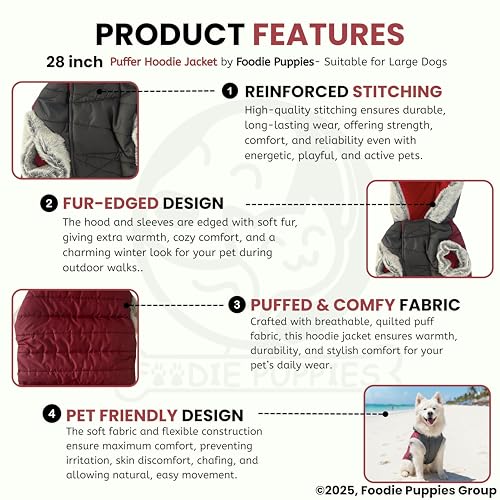Image of Foodie Puppies Dog Puffer Hoodie Warm Winter Jacket - (Maroon Grey, 28 Inch) for Large Dogs | Ultra Warm Waterproof & Windproof Fur Coat | Washable Pet Vest Apparel for Cold Weather
