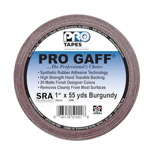 1\" Width ProTapes Pro Gaff Premium Matte Cloth Gaffer\'s Tape With Rubber Adhesive, 11 mils Thick, 55 yds Length, Burgundy (Pack of 1)