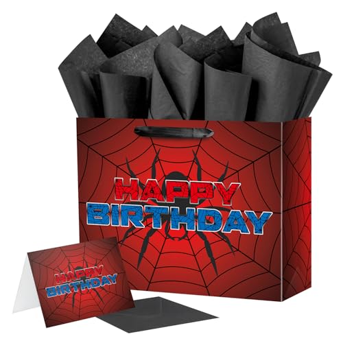 Ranfashion Large 13 Inch Spider Gift Bags for Boys Halloween Party Favor Wrapping with Tissue Paper & Card Red Black Spiderweb Design for Kids Birthday and Themed Party Decor