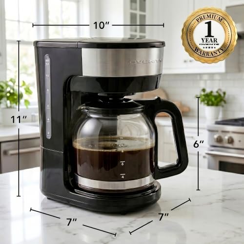 Image of OVENTE 12-Cup Drip Coffee Maker with Borosilicate Glass Carafe, One-Touch Operation Machine, Anti-Drip System, Reusable Filter and Clear View Water Level Gauge, Ideal for Home or Office, Black CM412B