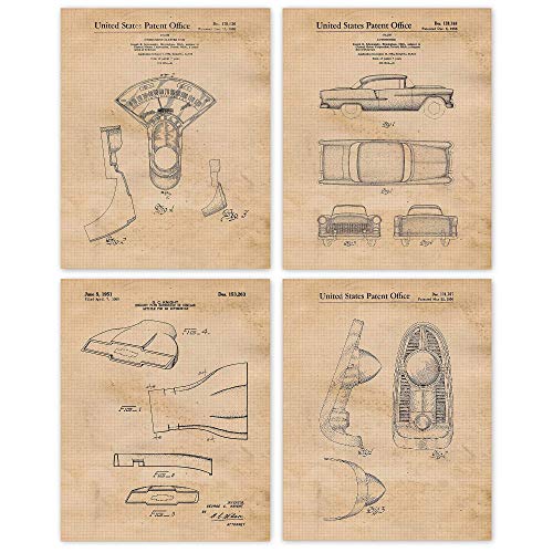 Classic American Chevy Auto Patent Prints, 4 (8x10) Unframed Photos, Wall Art Decor for Home Chevrolet Office Gears Garage Workshop School Engineer College Student Teacher Coach Car Builder