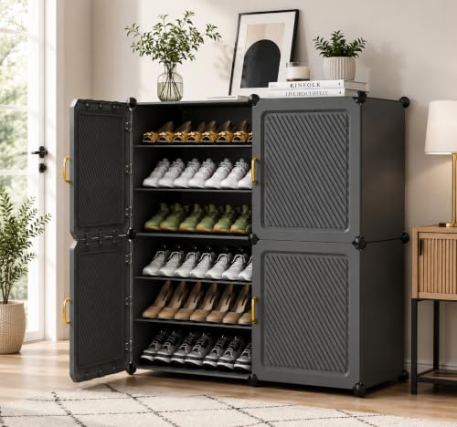 Image of LUHI Premium Modular Plastic Shoe Rack for Home with Door | 12-Tier Stackable Shoe Organizer | Waterproof & Dustproof | Space Saving Storage for Home, Bedroom & Entryway [Grey, HS, 12-Shelf-4-Door]