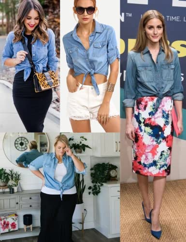 Puwei Women's Denim Shirts Casual Button Up 3/4 Sleeve Tie Front Jean Crop Tops (1699-Darkblue-M) #TOP1