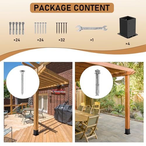 4 Pcs Post Base,4\"x 4\" Post Brackets(Actual 3.6\"x 3.6\"), Heavy Duty Black Metal Powder-Coated Thick Steel Post Anchor Outdoor for Support Deck Base Plate, Fence Kit,Mialbox Post Mount