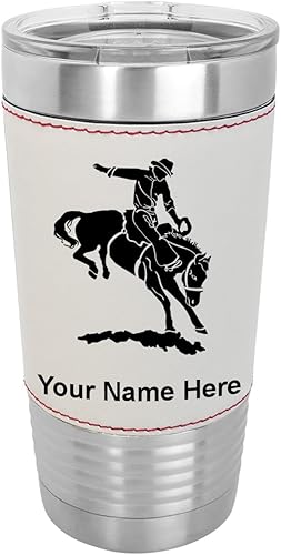 Miniatura 9 de LaserGram Bronco Rider vaso aislado al vacío de 20 onzas grabado personalizado incluido piel sintética gris