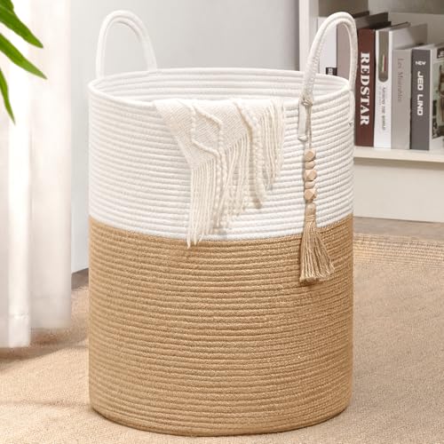 Image of Goodpick Woven Laundry Basket Decorative Blanket Basket for Living Room, Tall Storage Basket for Clothes, Toys, Towels, Wicker Laundry Hamper 16 x 20 Inches, White and Jute