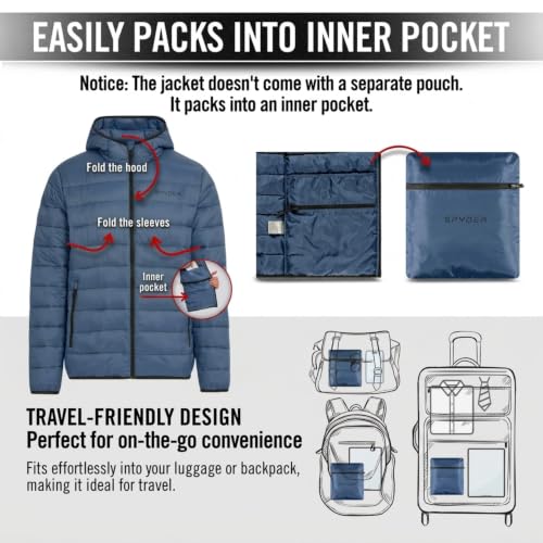 Image of Spyder Puffer Jacket Men - Packable Lightweight Quilted Hooded Winter Coat