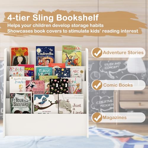 Image of HONEY JOY Kids Bookshelf, 4-Tier Wooden Toddler Bookcase, Children Book Rack & Magazine Display Shelf, Toy Storage Organizer, Book Shelf for Kids Rooms, Playroom, Nursery, Classroom (White)