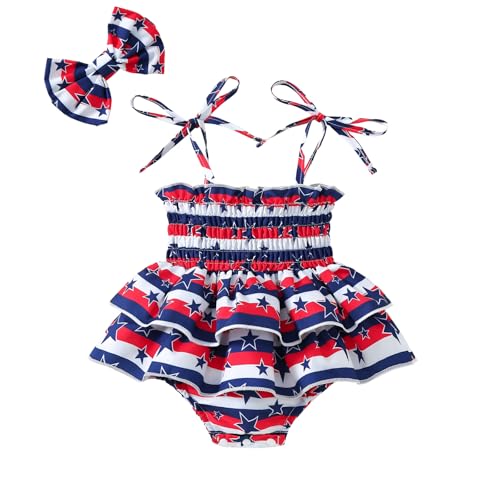 Image of Noubeau Toddler Baby Girl 4th of July Dresses Independence Day Outfit Kid American Flag Stars Stripes Patriotic Dress Clothes