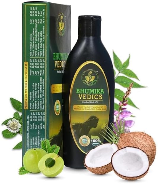 Bhumik'a Vedic's Herbal Hair Oil For Men & Women | Promotes Hair Growth & Reduces Hair Fall | With Indigofera,Aloe vera,Neem, Amla, Bhringraj and Coconut Oil 200 ml