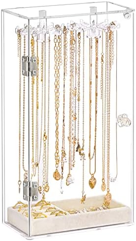 boailydi Acrylic Necklace Holder, Necklace Organizer, Rotatable Clear Jewelry Organizer Display Case for Long Necklaces Pendant Bracelets, Jewelry Holder with Beige Velvet Tray for Rings Earrings