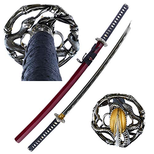 Makoto Handmade Sharp Katana Samurai Sword 40" - Serpent Cobra Snake Tsuba (Red) #TOP23