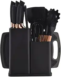 Kit Conjunto 19 Peças Utensílios de Cozinha em Silicone e Madeira – Espátulas, Colheres, Pegador, Fouet, Antiaderente, Resistente ao Calor, Ideal para Panelas, Cozinhas e Presentes (Preto)