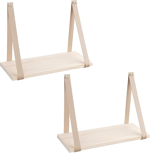 Repisas de madera sostenidas por tiras de piel estante de madera flotantes decoración del hogar cocina sala dormitorio