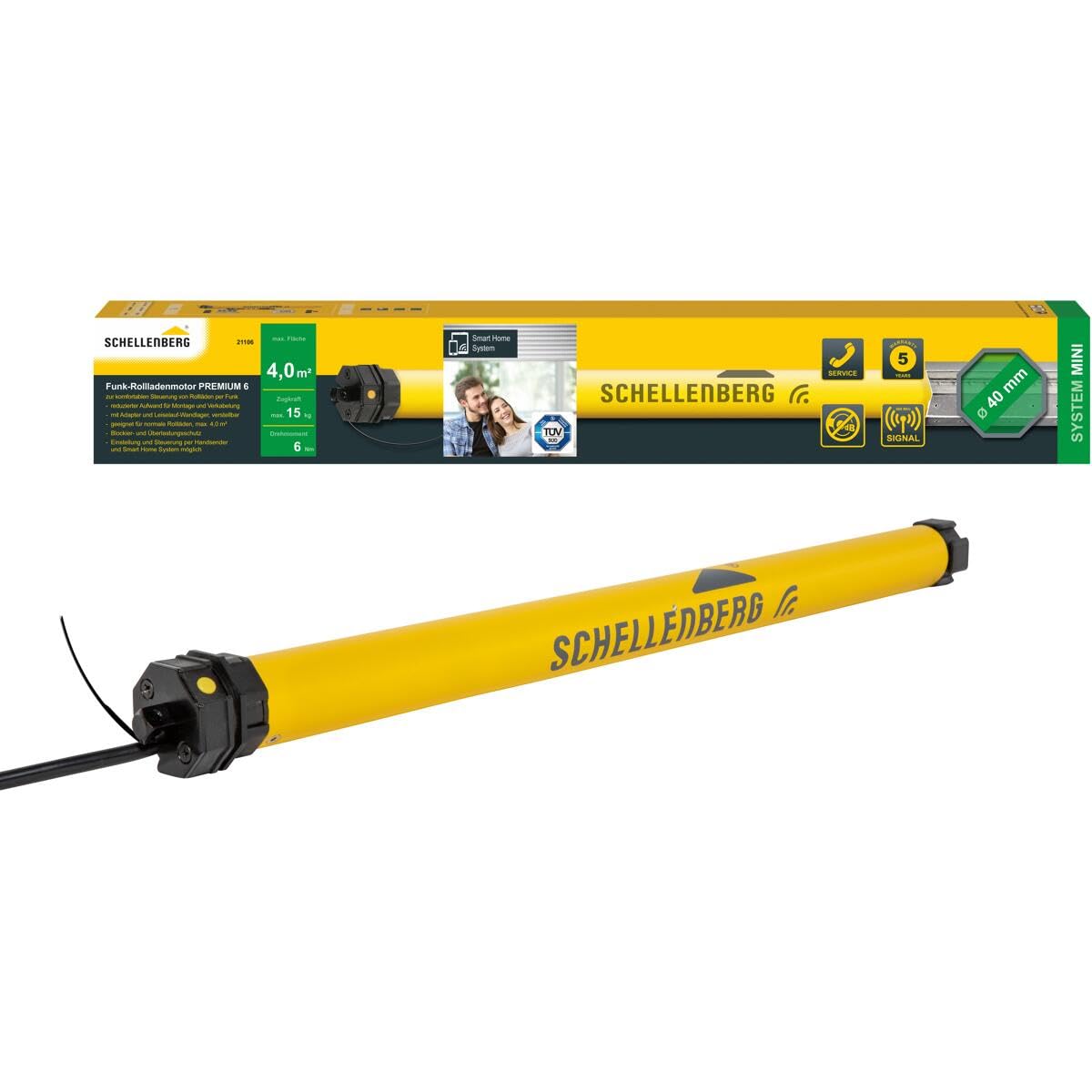 Schellenberg Silnik do rolet 21106 z radiową nową generacją, 6 Nm, do 4 m², do wałów rolety 40 mm 868,4 MHz, inteligentne sterowanie m.in. z Alexa i Google Home, żółty