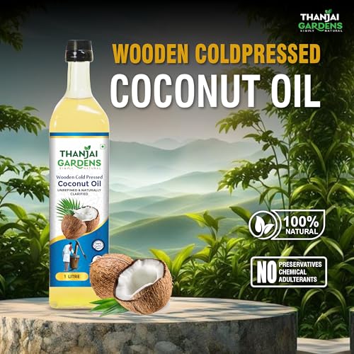 Image of THANJAI GARDENS Wooden Cold Pressed COCONUT OIL 100% Pure & Natural Pack of