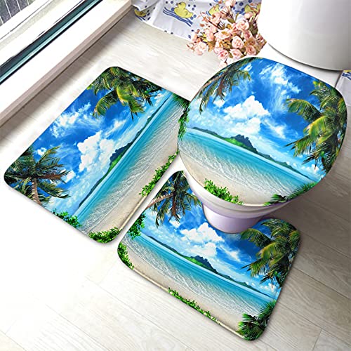 rutschfeste 3 Badteppich Set Landschaft Karibische Küste Blauer Himmel Exotische Insel Lagune...