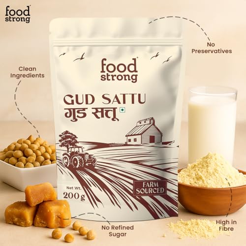 Image of Foodstrong Gud Sattu | Traditional Protein Drink | Roasted Bengal Gram + Jaggery | High Protein | Gluten Free | Natural Energy Drink | 200g