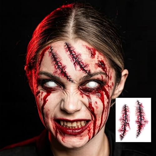 Image of 17 Sheets Scary Bloody Scar Tattoos Halloween Temporary Tattoos Face Stitch Wound Sticker, Realistic 3D Horrible Bite Scratch Fake Tattoos For Halloween Costume Vampire Zombie Makeup Party Accessories