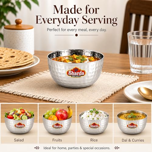 Image of Sharda Metals Hammered Stainless Steel Bowl for Curry, Dal, Halwa, Dessert, Soup, Vegetable Serving Katori Set, Mathar Bowls, Wati, Vati - Set of 6
