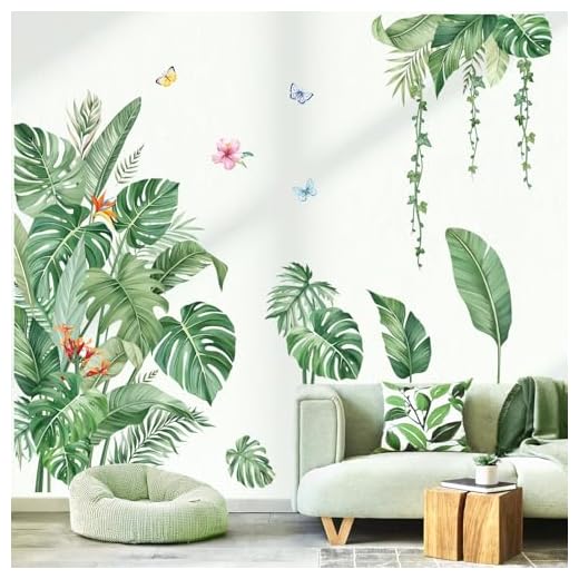 decalmile Stickers Muraux Feuilles Tropicales Autocollant Mural Plantes Verte Palmier Feuilles Pendaison Vigne Décoration Murale Chambre Salon Bureau