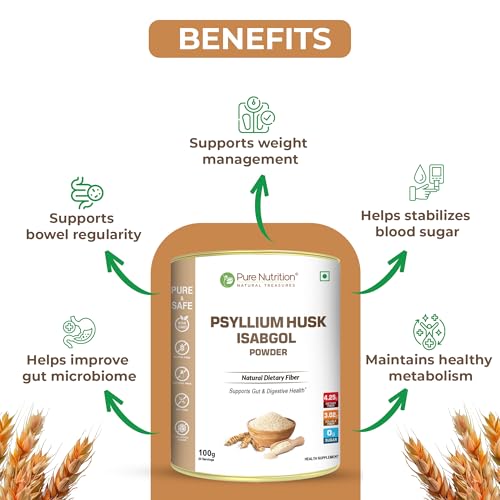 Image of Pure Nutrition Psyllium Husk Isabgol Powder, 100g | Natural Dietary Fiber Supplement | Supports Digestive & Gut Health | Helps Ease Irregularity & Bloating | Gluten Free, No Sugar Added