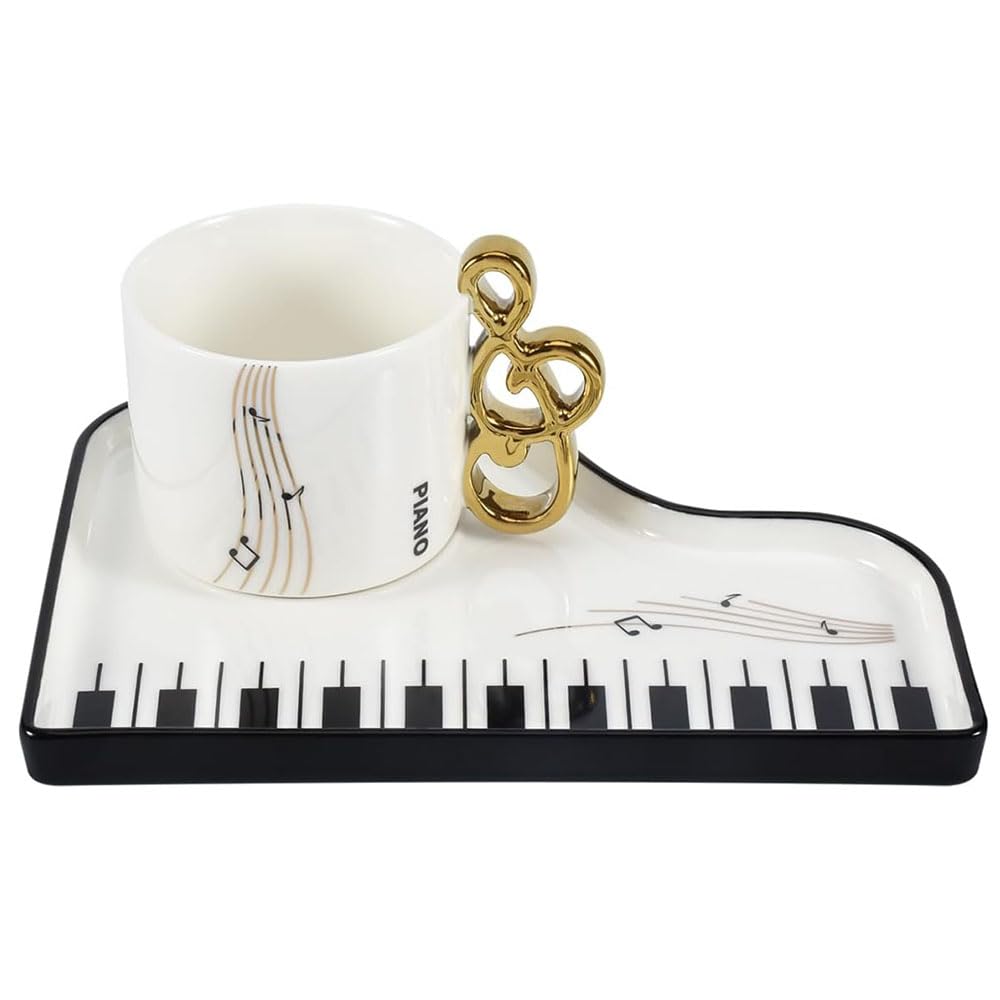 Tazze in Ceramica con Note Musicali con Piattino e Cucchiaino, Tazze da Caffè Creative con Tema Piano, Tazze da Cappuccino 200 ml, Tazze da Caffè in Porcellana, Tazze Mocha in Set Regalo (Bianco