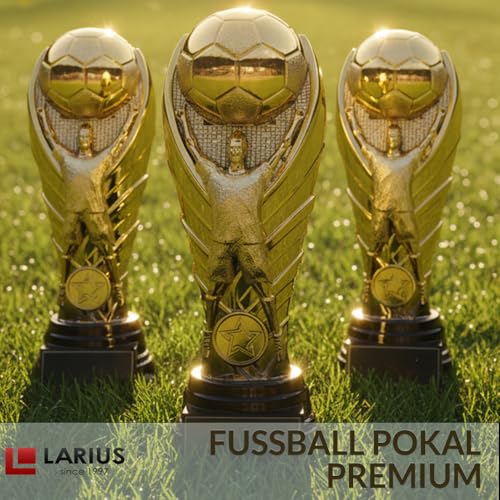 Larius Premium Fußball Pokal 25 cm (Gewicht: 1,2 kg) – schwere Trophäe in Gold mit/ohne Wunschgravur | Edler Siegerpokal für Champions, Turniere & Vereine – F1 (ohne Wunschtext, XL)