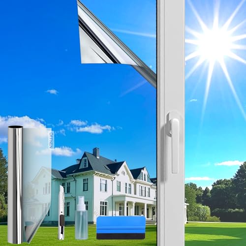 Evofensteere (44.5X200cm Silber) Fensterfolie Sonnenschutz Hitzeschutz innen oder außen | Rückstandslose Spiegelfolie Fenster Hitzeschutz | Sonnenschutzfolie | Selbstklebend UV Schutzfolie Fenster