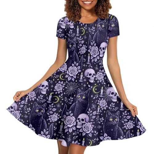 Image of HUGS IDEA Womens Puffy Swing Midi Dress Round Neck Short Sleeve Party A-Line Dresses