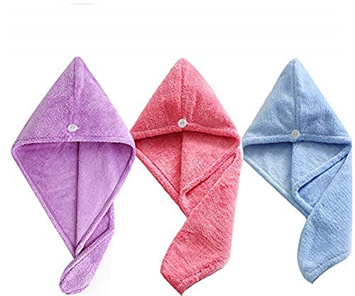 ForNeat Hair Wrap Towel Hair Turban,Fast Drying Hair Towels for Women,Microfiber Hair Towel with Buttons, Bath Hair Cap 3 Pack(Purple+Red+Blue)