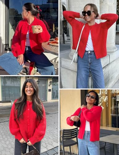 Image of Women's Casual Puff Long Sleeve Crew Neck Cardigan Button Down Open Front Knit Loose Sweater Outwear