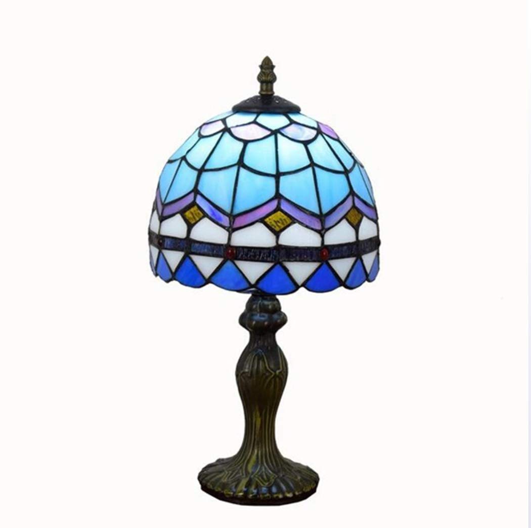 Stół w stylu Retro Art Stained Glass'ego lampka nocna na biurko 8 cali witraż morski błękit lampy odcień 1 lekka antyczna aluminiowa podstawa do salonu zestaw do sypialni