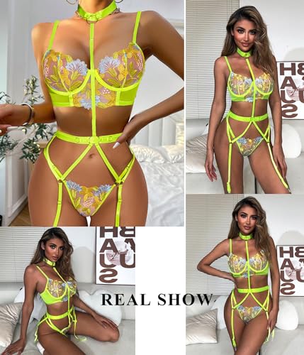 Image of Avidlove Garter Lingerie Sets for Women Sexy with Removable Choker Floral Embroidered Underwire Lingerie (No Stockings)