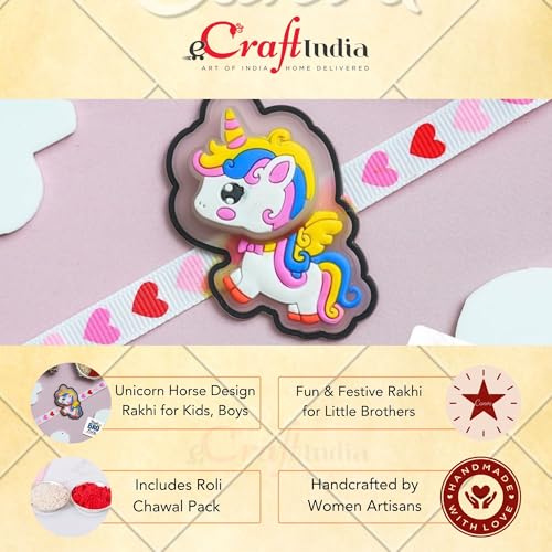 Image of eCraftIndia Unicorn Horse Design Rakhi for Kids Girls Boys with Best Bro Ever Fridge Magnet | Raksha Bandhan Kids Light Rakhi for Brother Bhaiya Bhai | Roli Chawal Pack